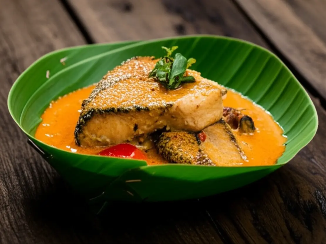 Prato de Fish Amok servido em uma folha de bananeira sobre uma mesa rústica.