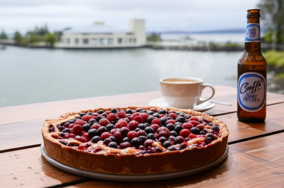 Torta Kuchen alemã tradicional servida em uma cafeteria em Frutillar.