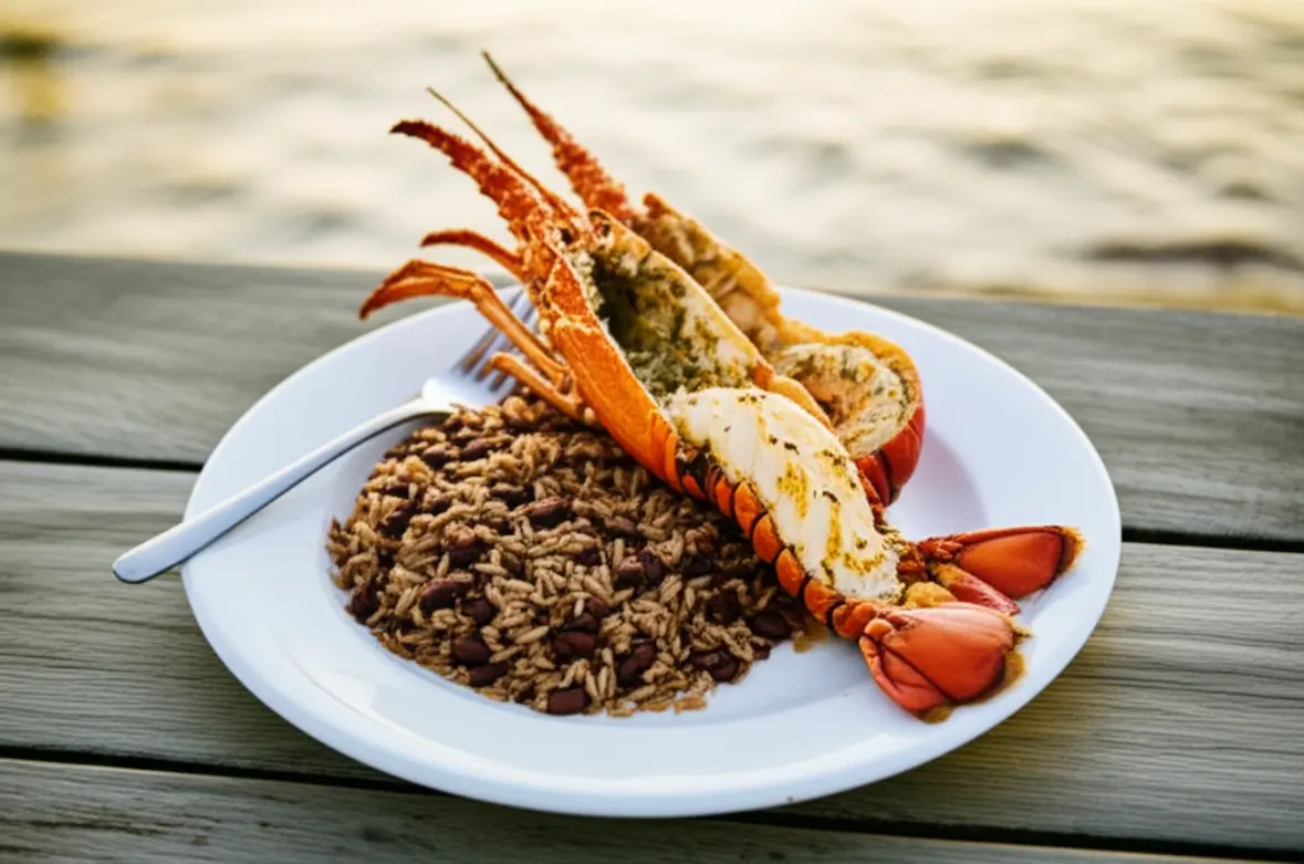 Uma lagosta grelhada inteira servida em um prato com arroz de coco em uma mesa rústica à beira-mar.