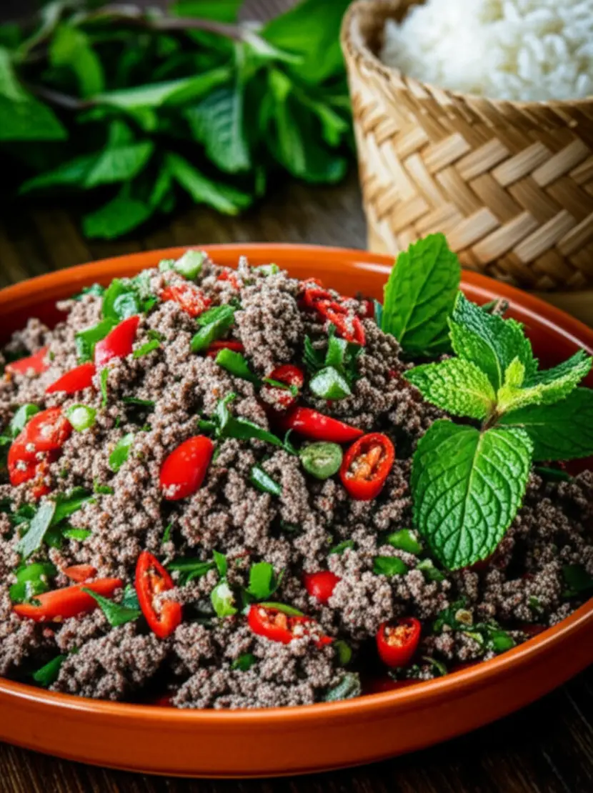 Prato tradicional Laap acompanhado de arroz pegajoso em uma cesta de bambu.