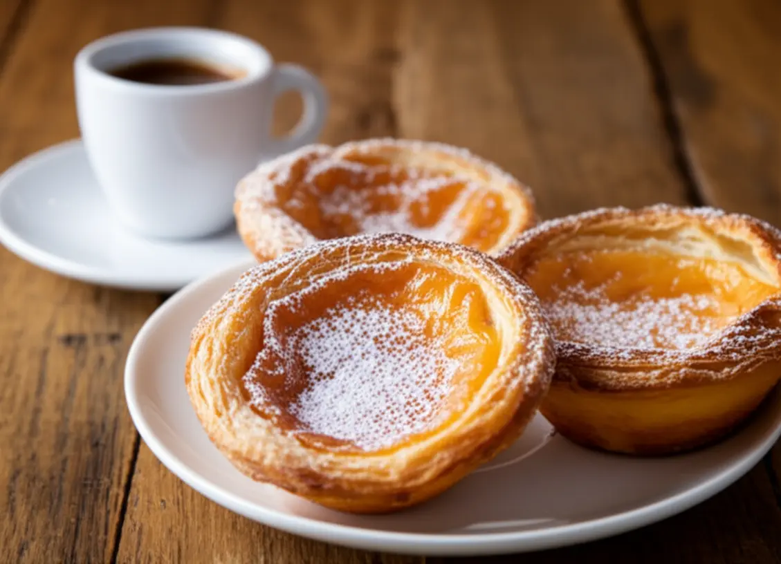 Close-up de Pastéis de Belém polvilhados com canela sobre uma mesa de madeira.