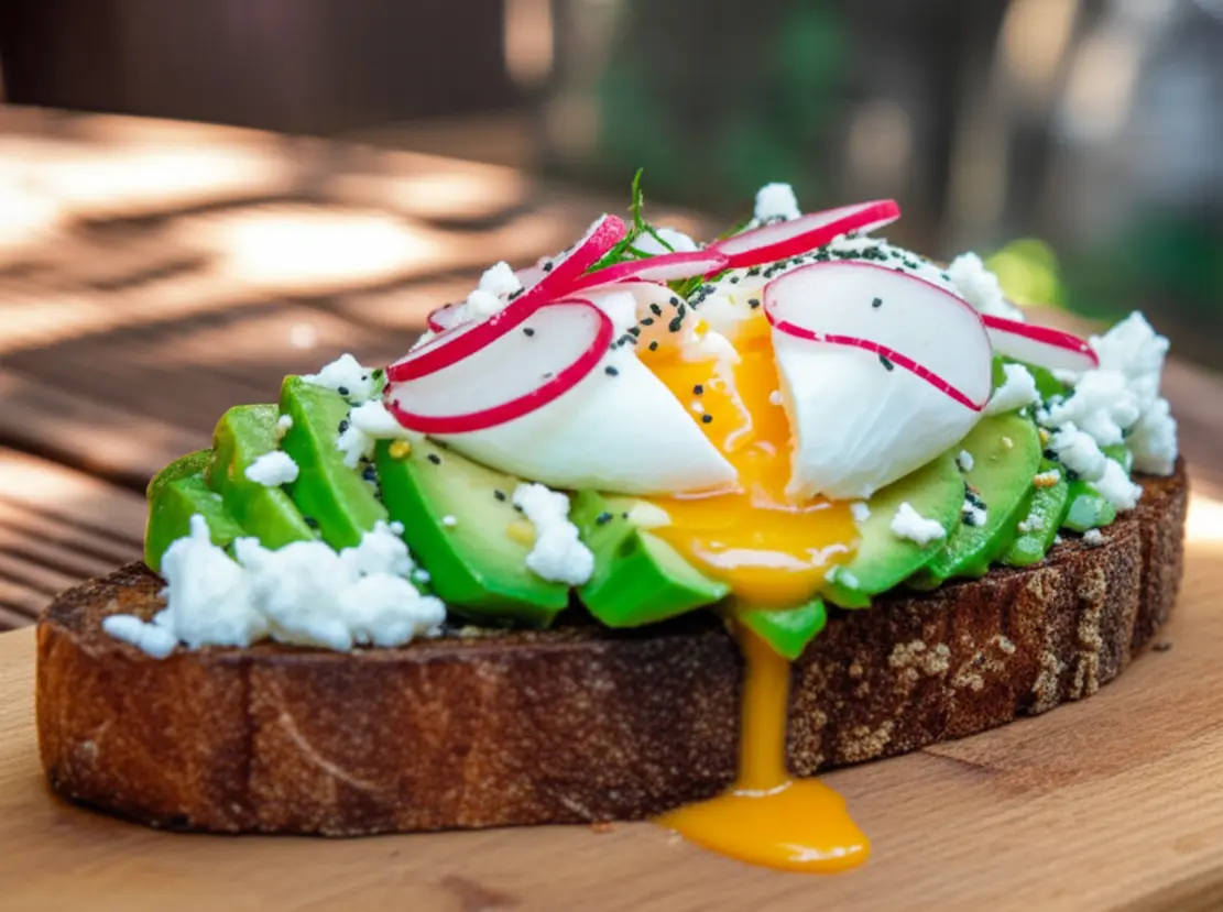 Prato de torrada de abacate gourmet em uma mesa de madeira rústica ao ar livre.