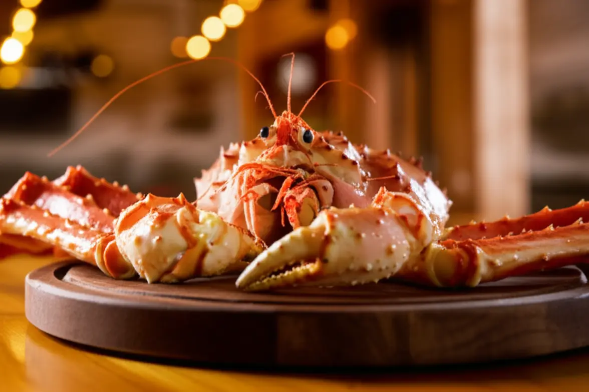 Prato de Centolla, o caranguejo gigante, servido em um restaurante rústico.