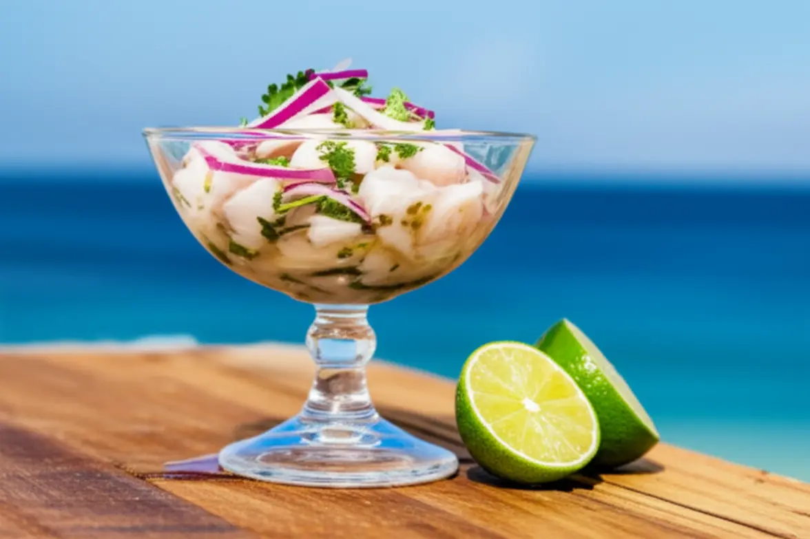Prato de ceviche mexicano fresco com peixe e vegetais à beira-mar.