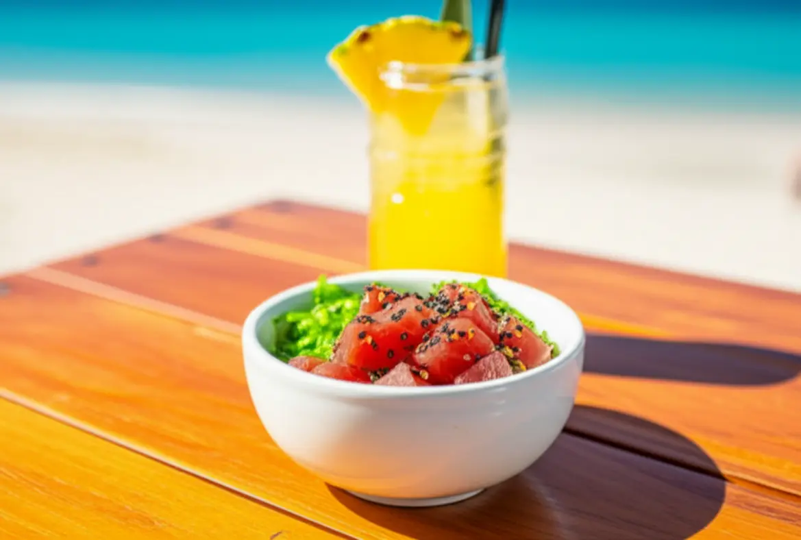 Tigela de Poke de atum fresco e um coquetel Mai Tai em uma mesa de madeira tropical.
