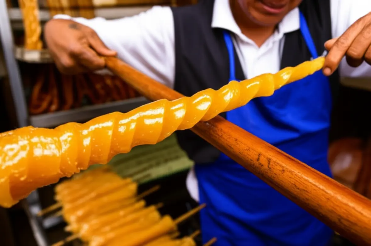 Artesão preparando o doce tradicional Melcocha em Baños.