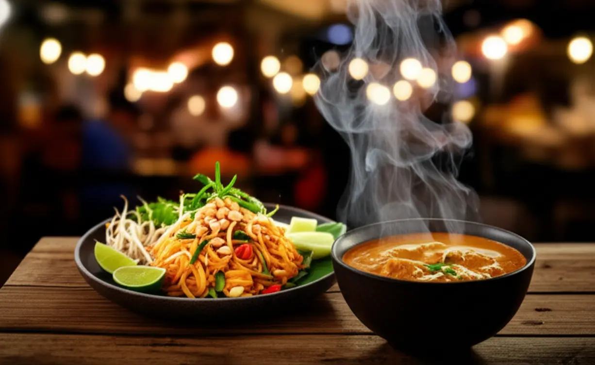 Pratos de comida tailandesa típica, Pad Thai e Curry, em um mercado noturno.