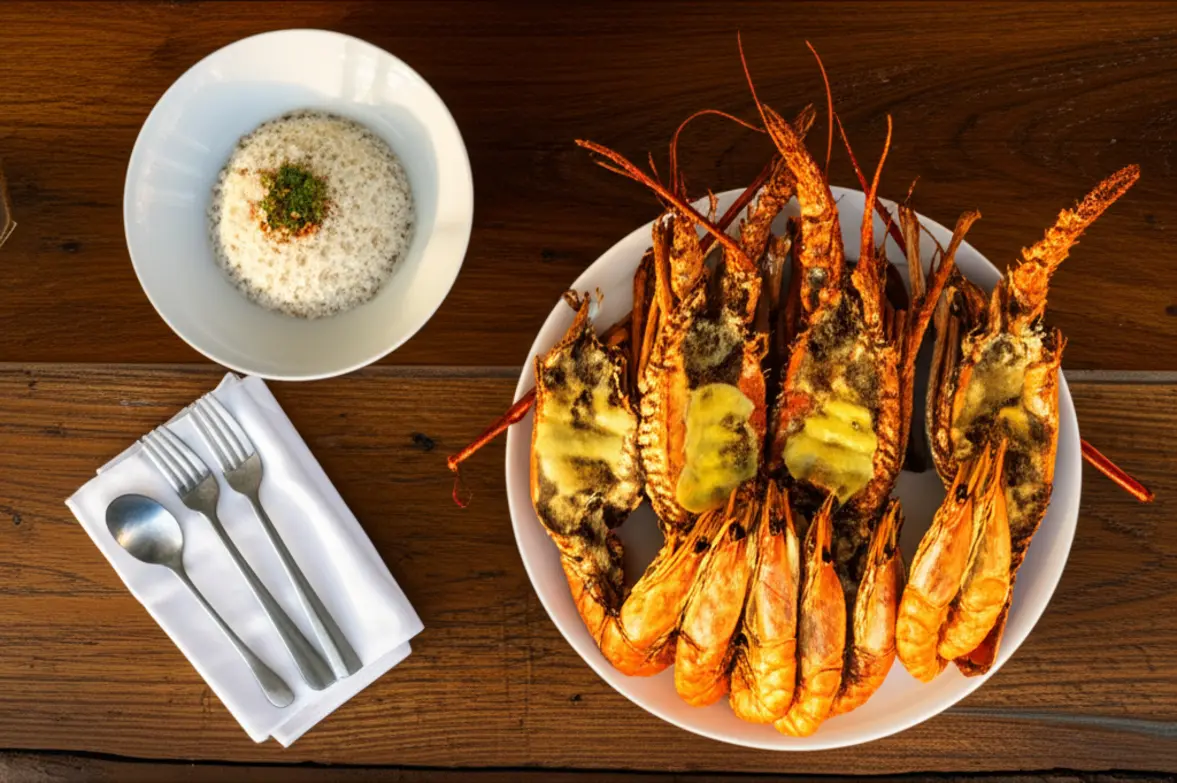 Prato de frutos do mar frescos servido em um restaurante de Zanzibar.