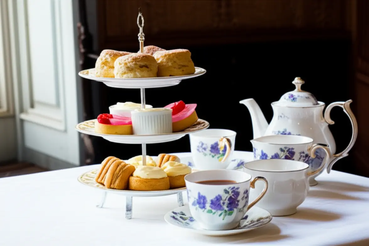 Mesa posta com chá da tarde britânico tradicional com scones e doces.