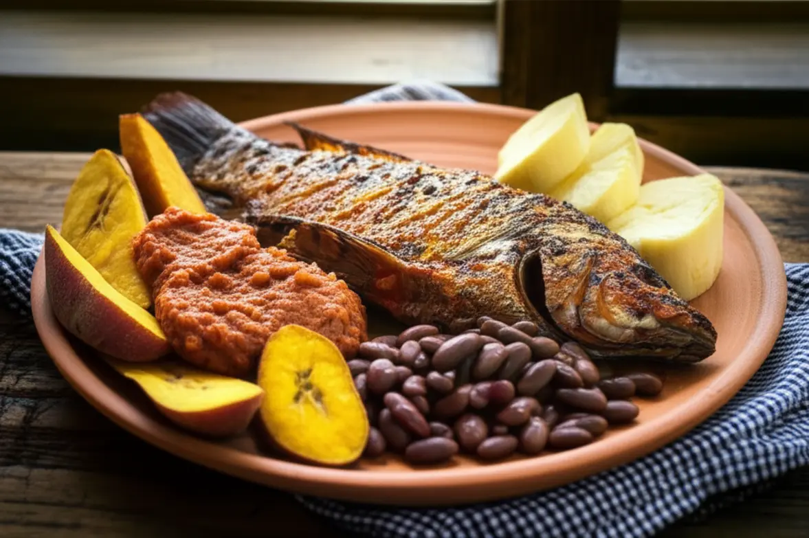 Prato de Mufete tradicional angolano com peixe grelhado e acompanhamentos.