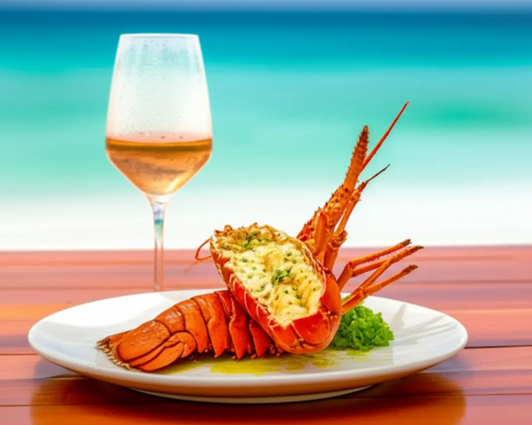 Prato de lagosta grelhada e taça de vinho rosé em restaurante de praia em St. Barth.