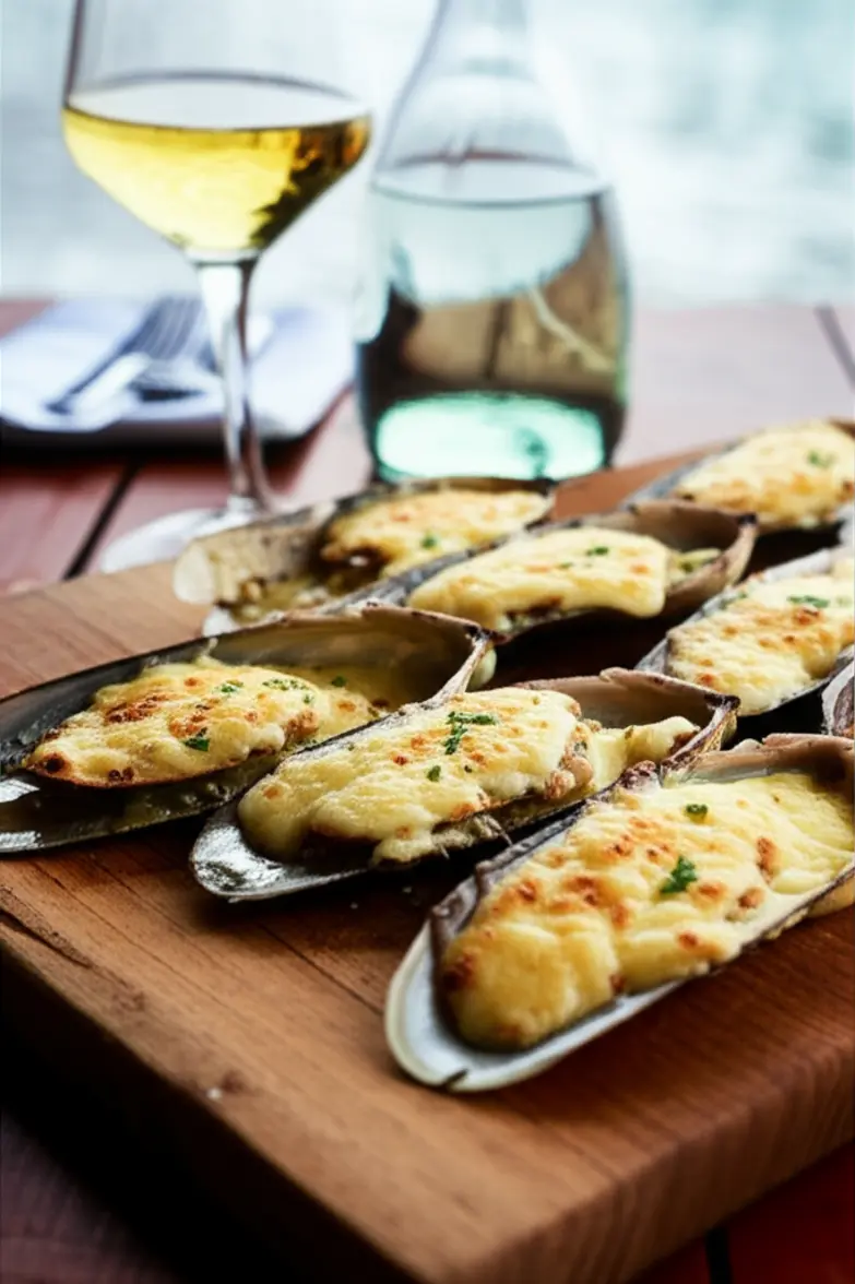 Prato de Machas a la Parmesana com queijo derretido e uma taça de vinho branco.