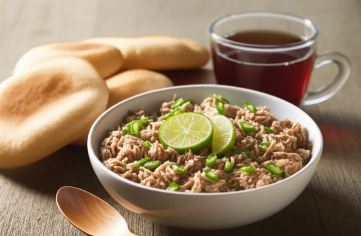 Prato de Mas Huni com pão roshi e chá preto em uma mesa de madeira.