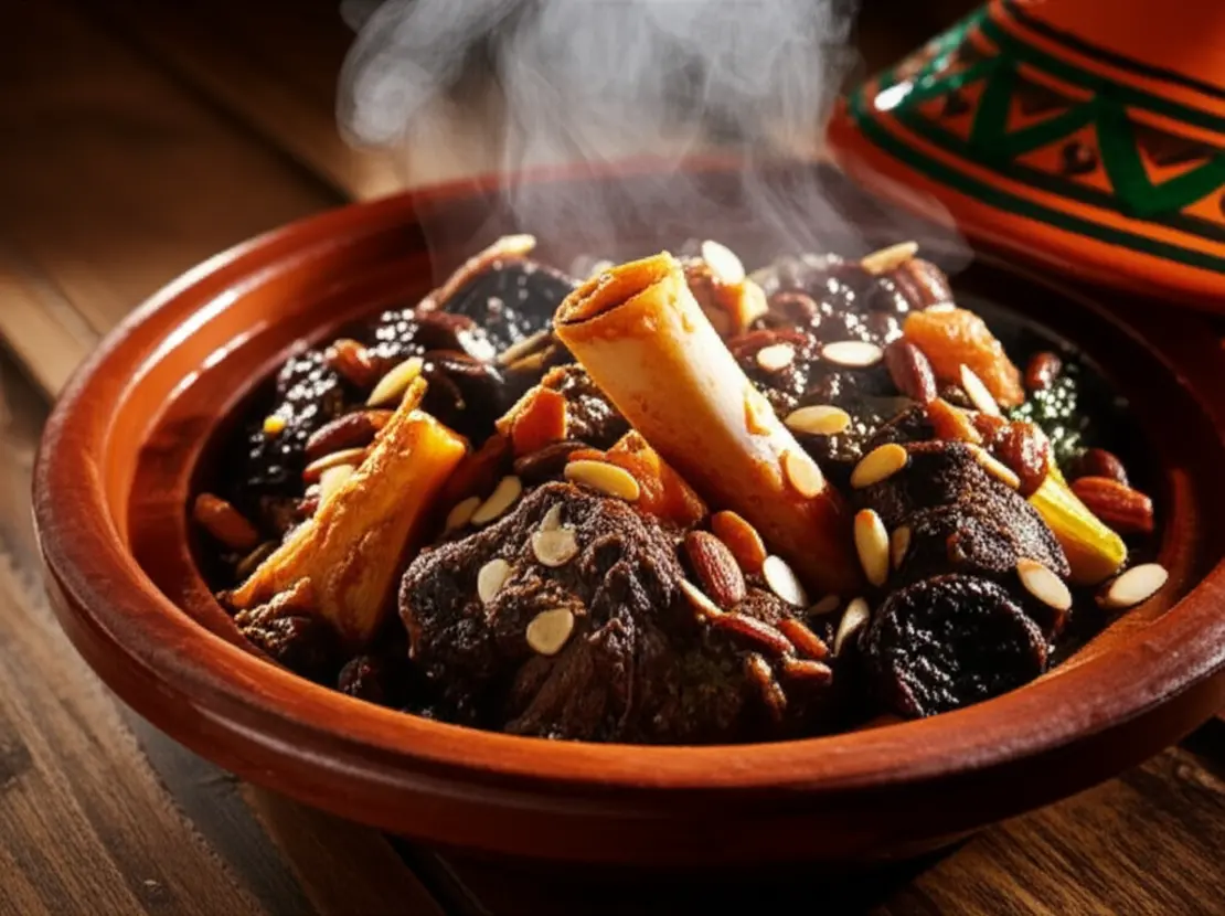 Prato de Tajine marroquino de cordeiro fumegante servido em cerâmica tradicional.