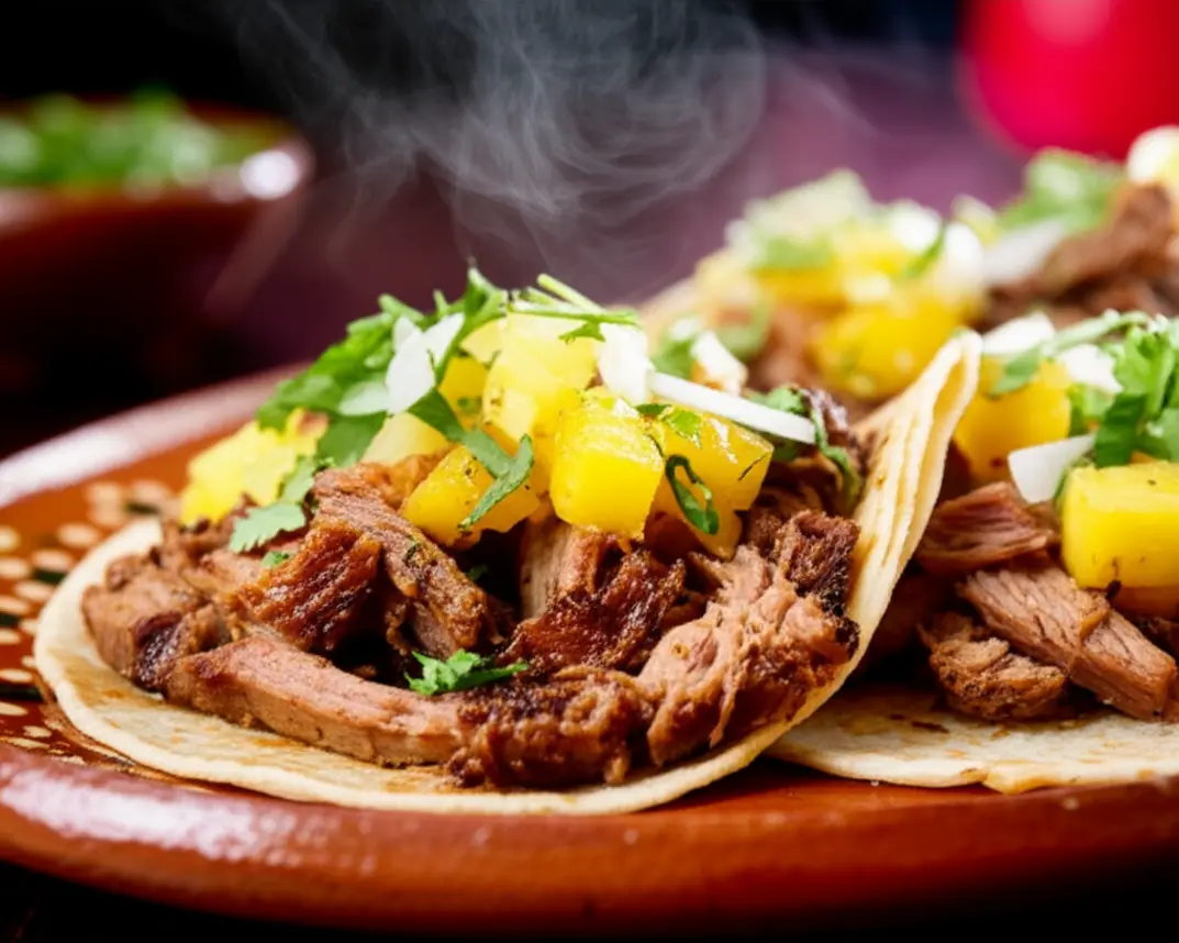 Prato de tacos al pastor tradicionais com abacaxi e coentro.
