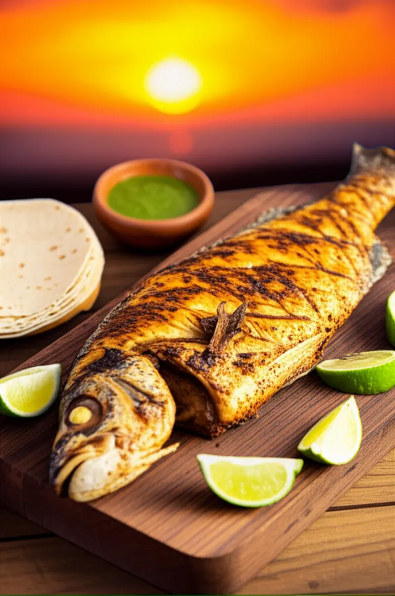 Prato de Pescado Zarandeado servido em uma mesa rústica de frente para o mar.