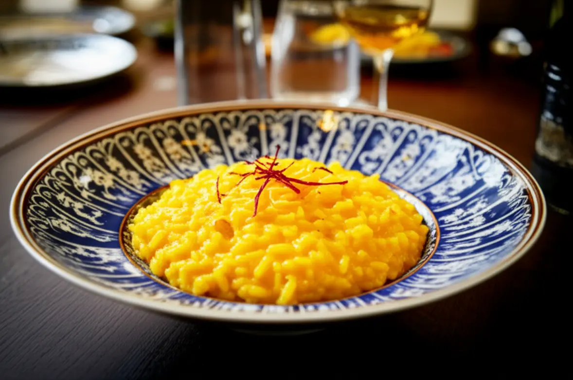 Prato de Risotto alla Milanese amarelo vibrante servido em um restaurante elegante.