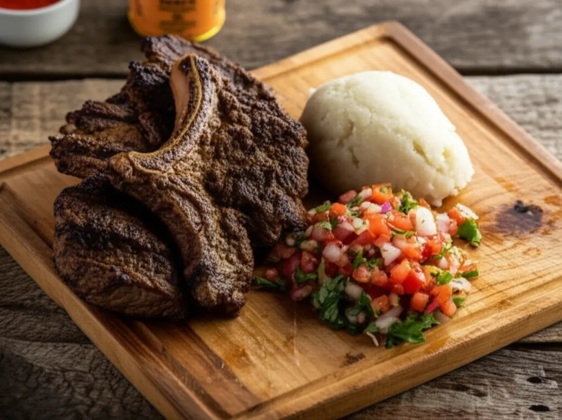 Um prato tradicional de Nyama Choma com Ugali e salada Kachumbari.