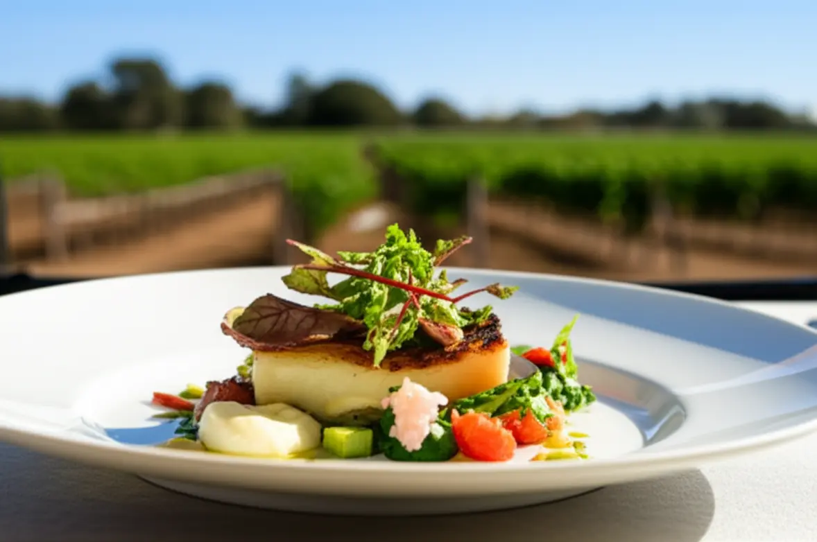 Prato de alta gastronomia servido em um terraço com vista para os vinhedos.