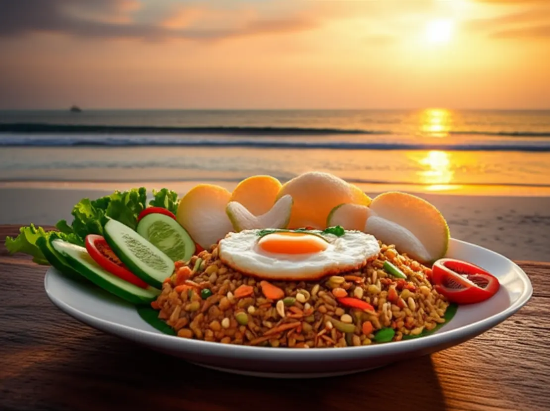 Um prato de Nasi Goreng decorado em uma mesa de madeira à beira-mar.