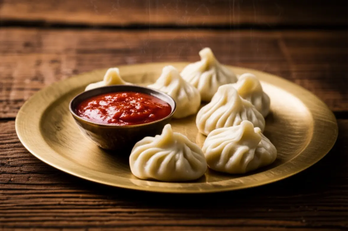 Prato de Momos nepaleses fumegantes com molho de pimenta em uma mesa de madeira.