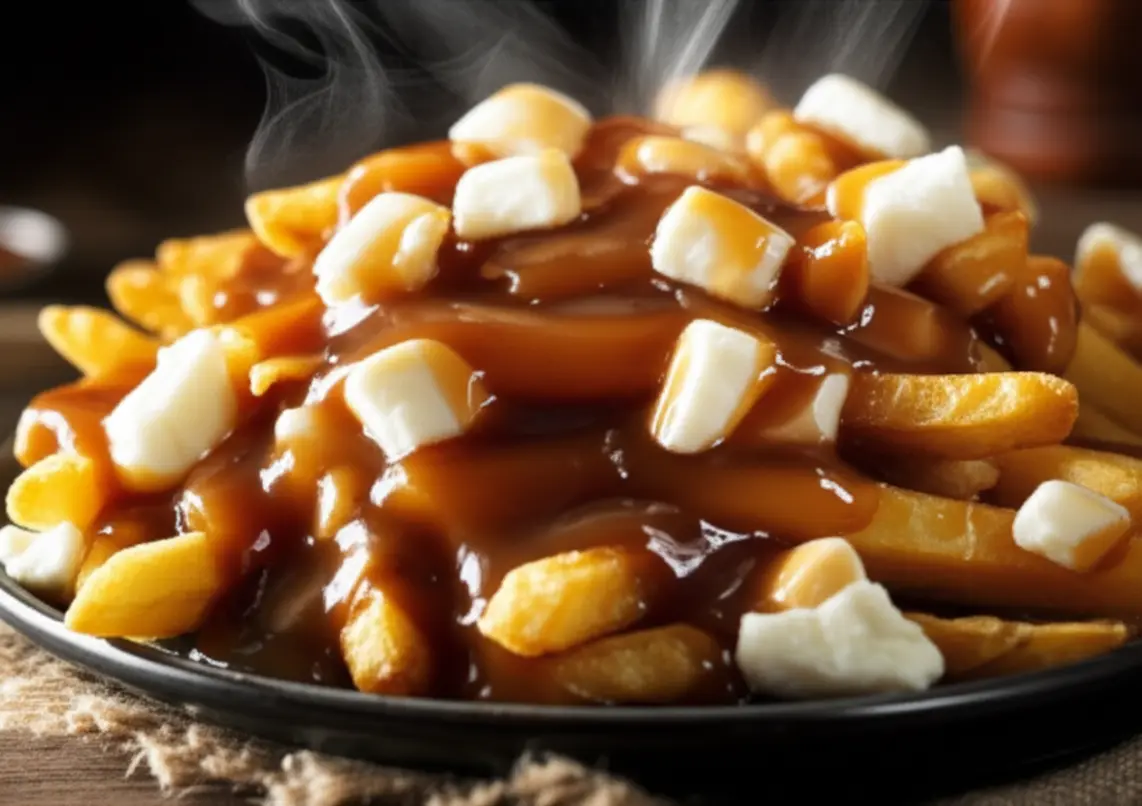 Prato típico canadense Poutine com batatas fritas, queijo e molho.