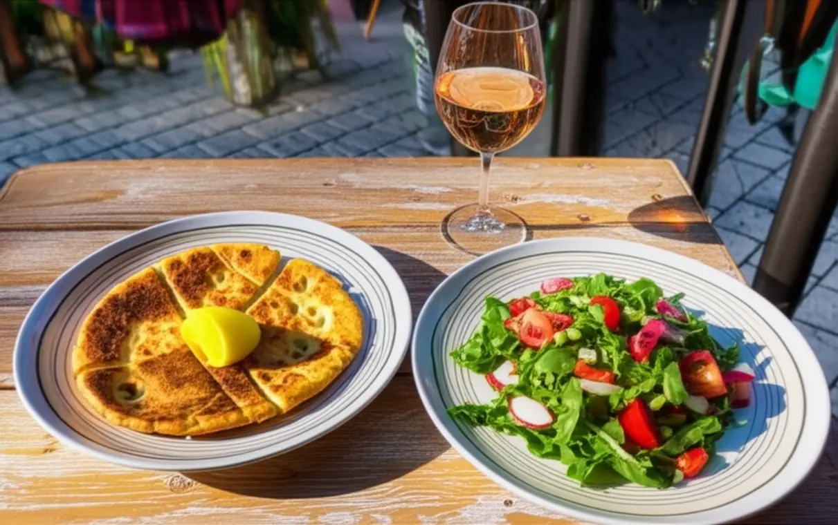 Mesa de restaurante com Socca, Salada Niçoise e uma taça de vinho rosé.