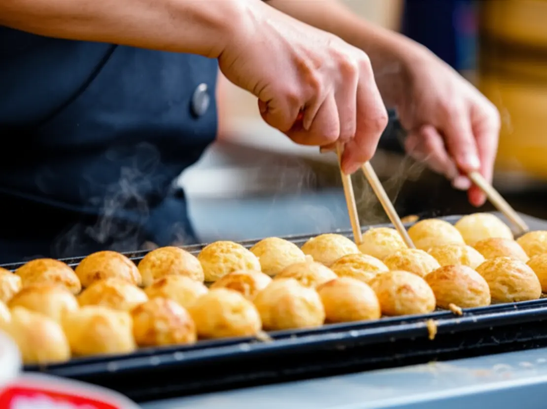 Close-up de bolinhos de Takoyaki sendo preparados em uma chapa quente de rua.