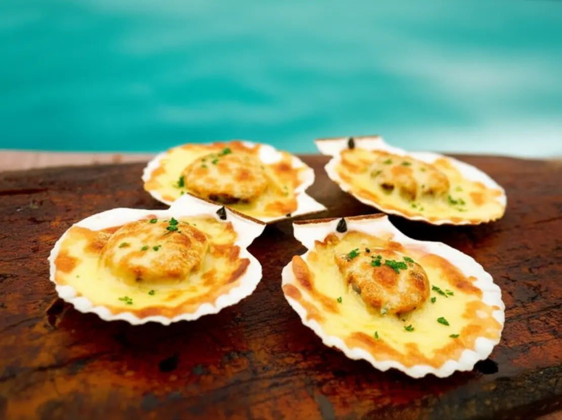 Prato de vieiras gratinadas (ostiones a la parmesana) servido em um restaurante à beira-mar.