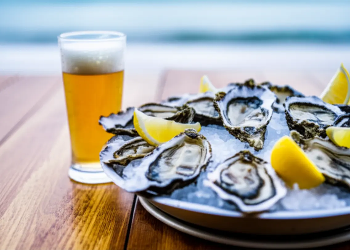 Um prato de ostras frescas de Walvis Bay servido com uma cerveja gelada em um deck à beira-mar.