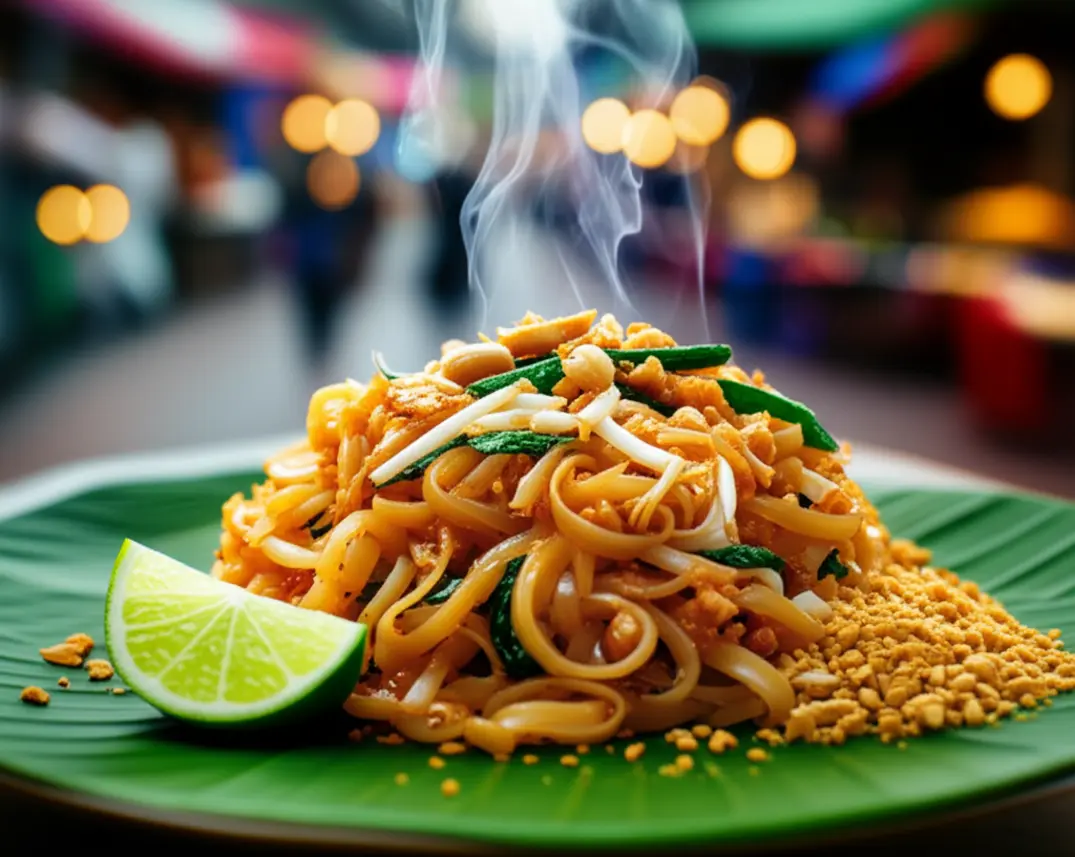 Um prato de Pad Thai autêntico servido em uma folha de bananeira com limão e amendoim.