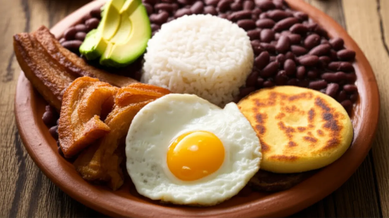 Prato típico Bandeja Paisa com feijão, torresmo, ovo e abacate.