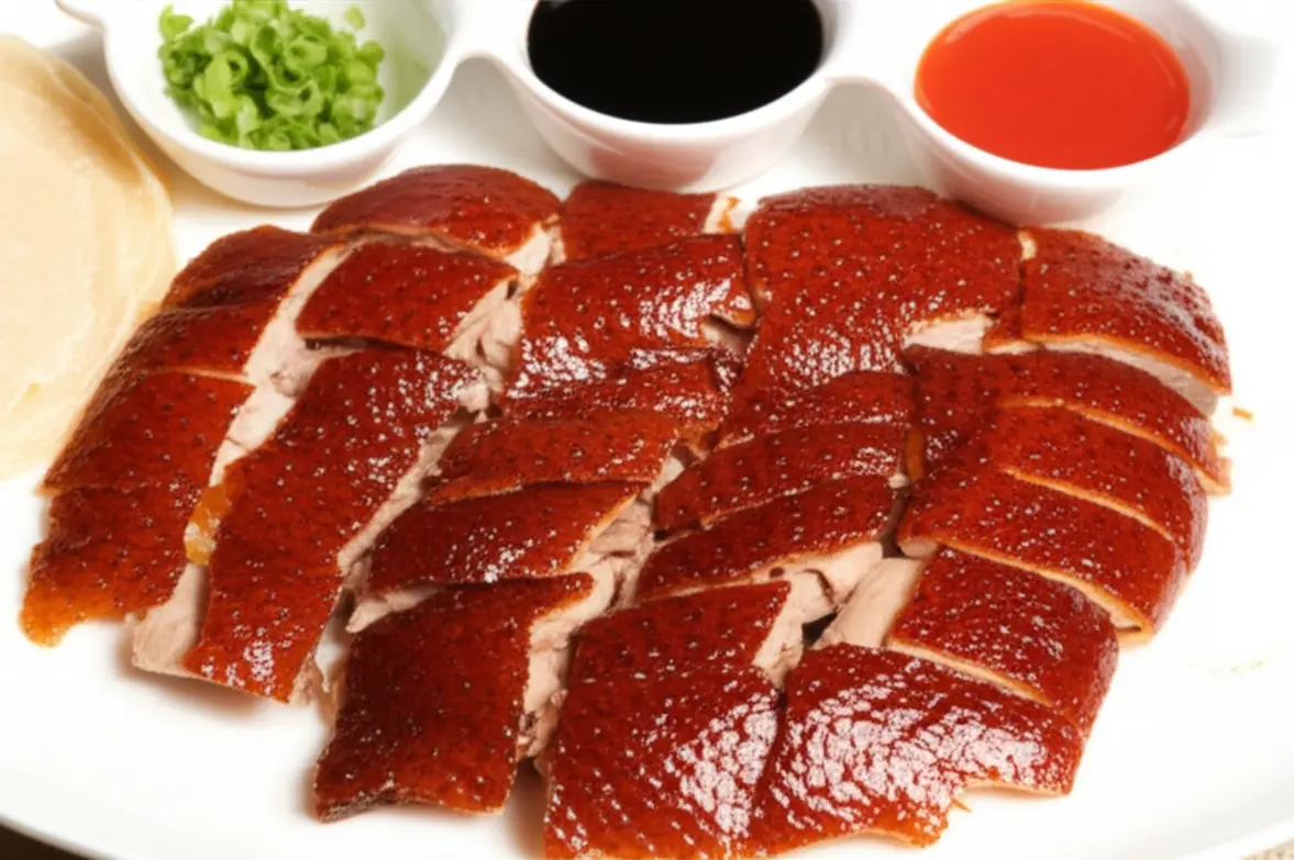 Prato tradicional de Pato de Pequim servido em um restaurante.