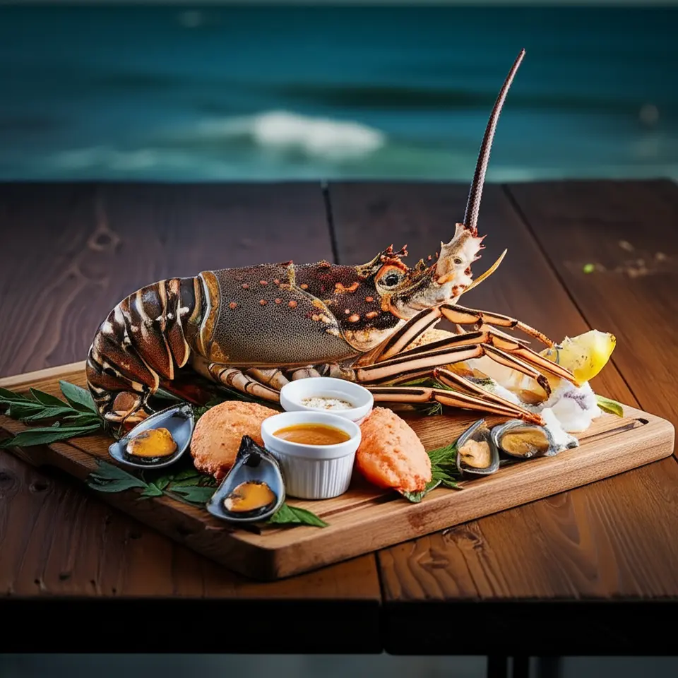 Prato de frutos do mar frescos com lagosta e mexilhões em um restaurante à beira-mar em Fremantle.