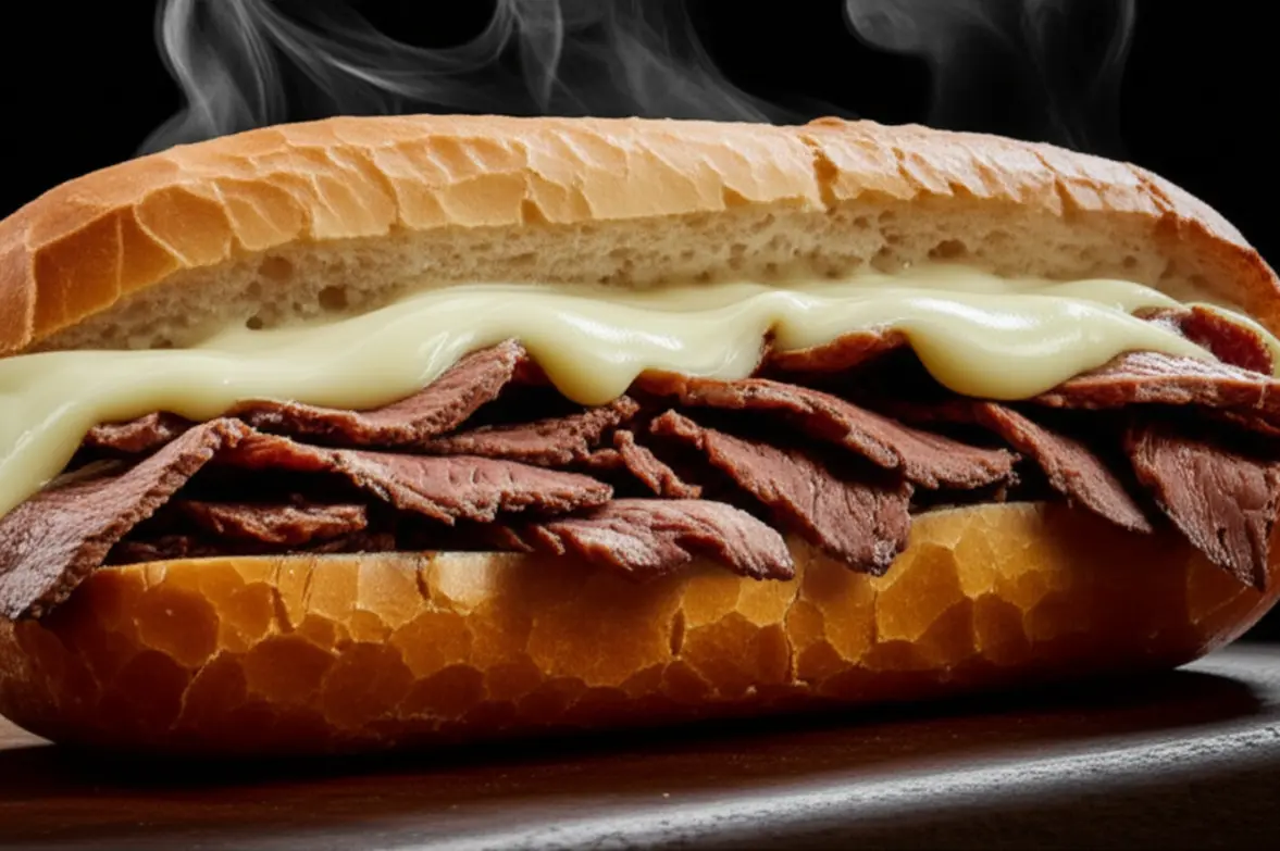 Close-up de um sanduíche Philly Cheesesteak suculento com queijo derretido.