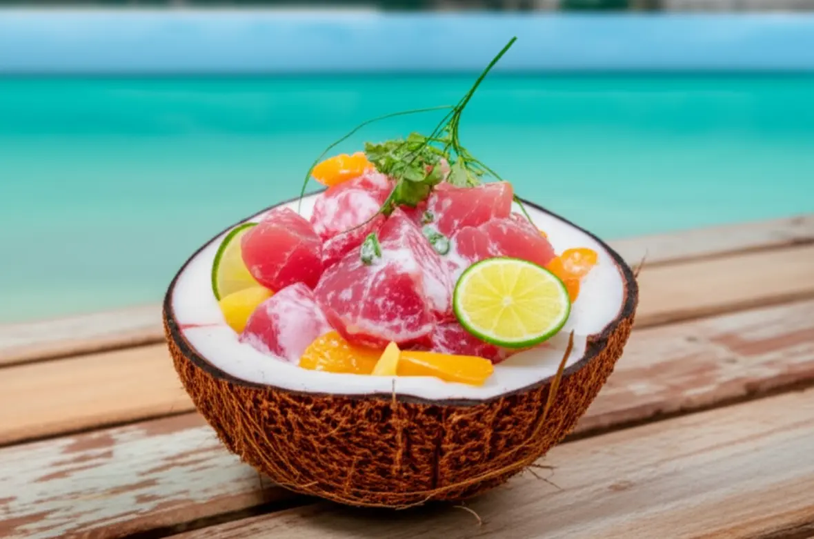 Prato típico Poisson Cru servido em uma casca de coco em uma mesa de madeira.