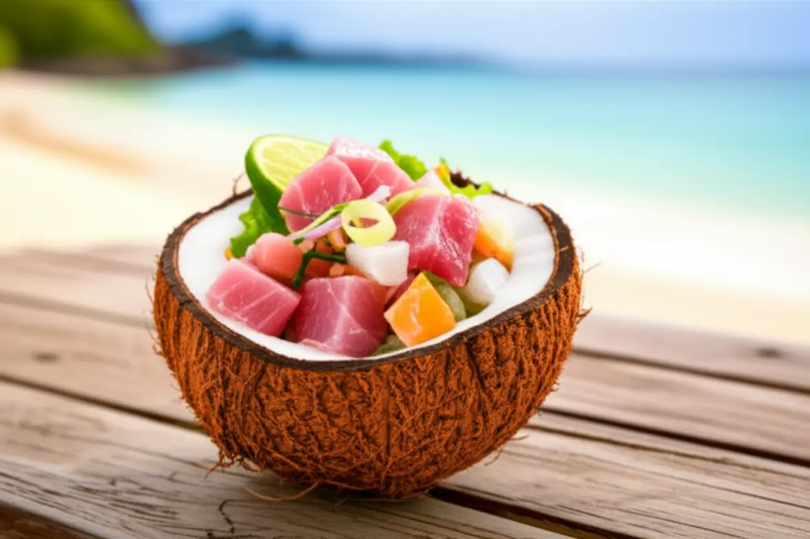 Prato de Poisson Cru servido em uma casca de coco na praia.