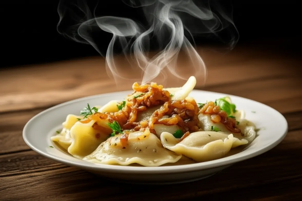 Prato de Pierogi poloneses artesanais com cebola frita em uma mesa rústica.