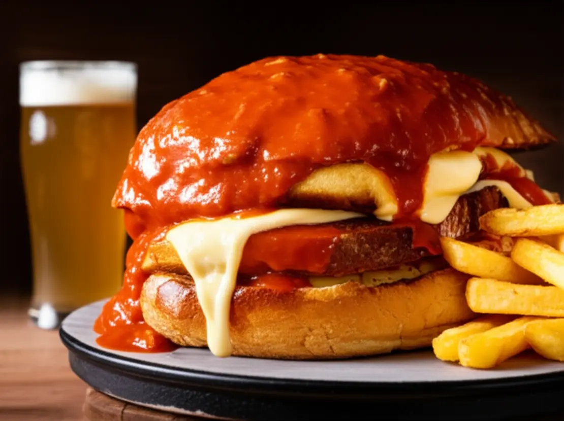 Prato de Francesinha tradicional com batatas fritas e molho picante.