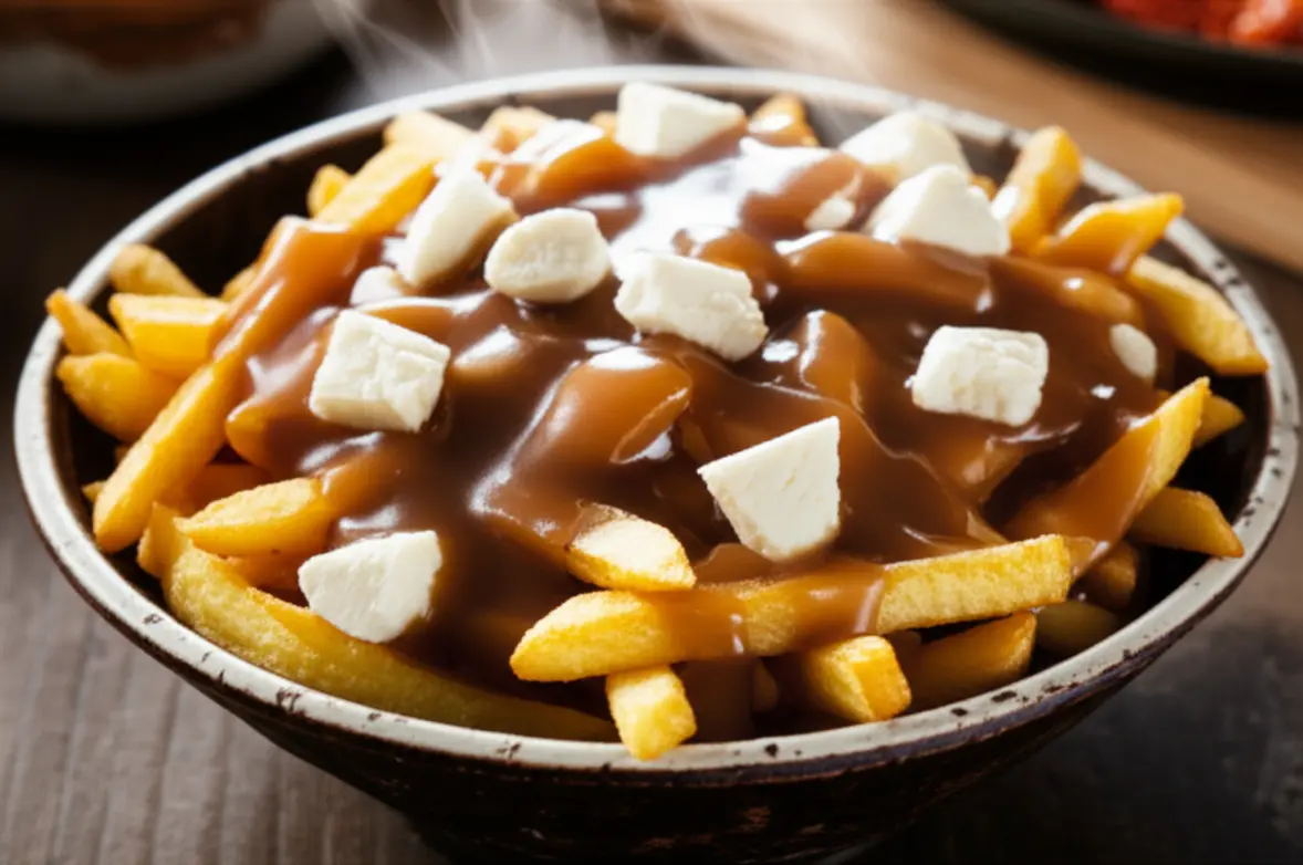 Prato de poutine tradicional com batatas fritas, queijo em cubos e molho gravy quente.