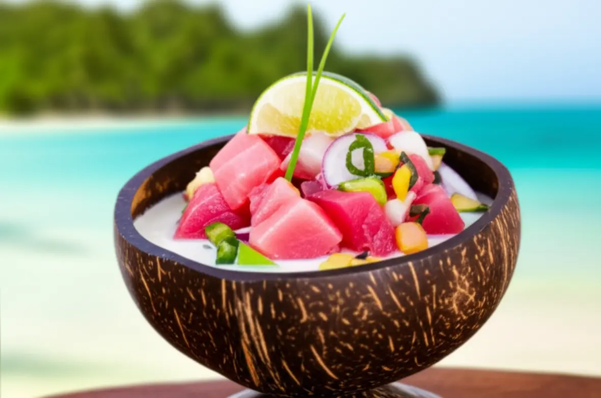 Prato típico Ika Mata servido em uma casca de coco na praia.