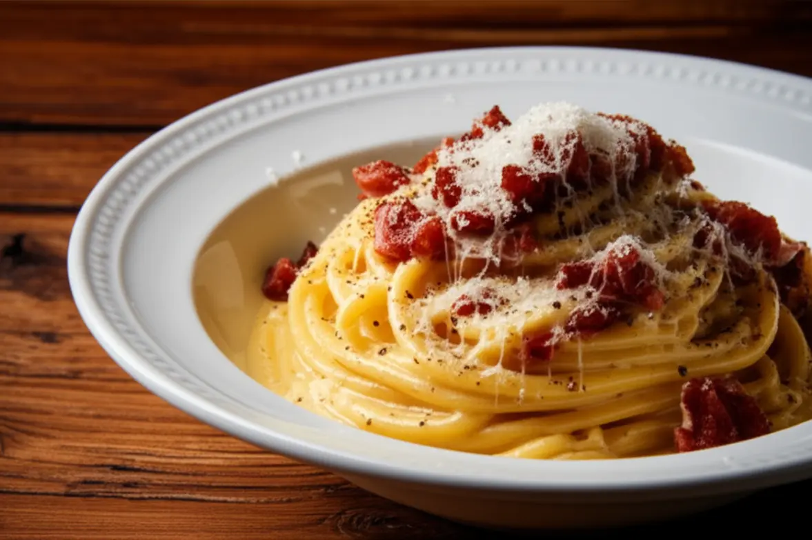 Um prato autêntico de massa Carbonara em uma mesa de madeira em Roma.