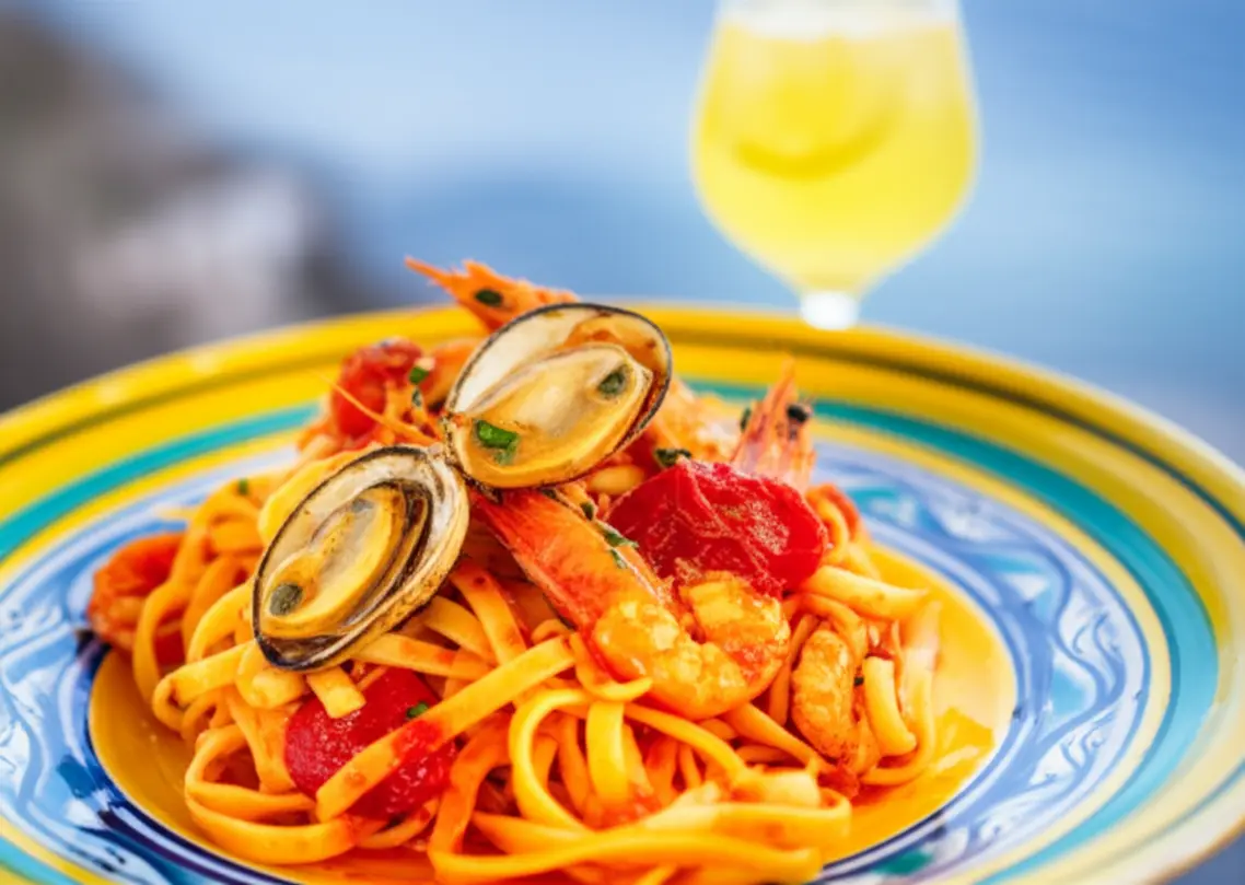 Prato de massa com frutos do mar servido em cerâmica colorida de Vietri sul Mare.