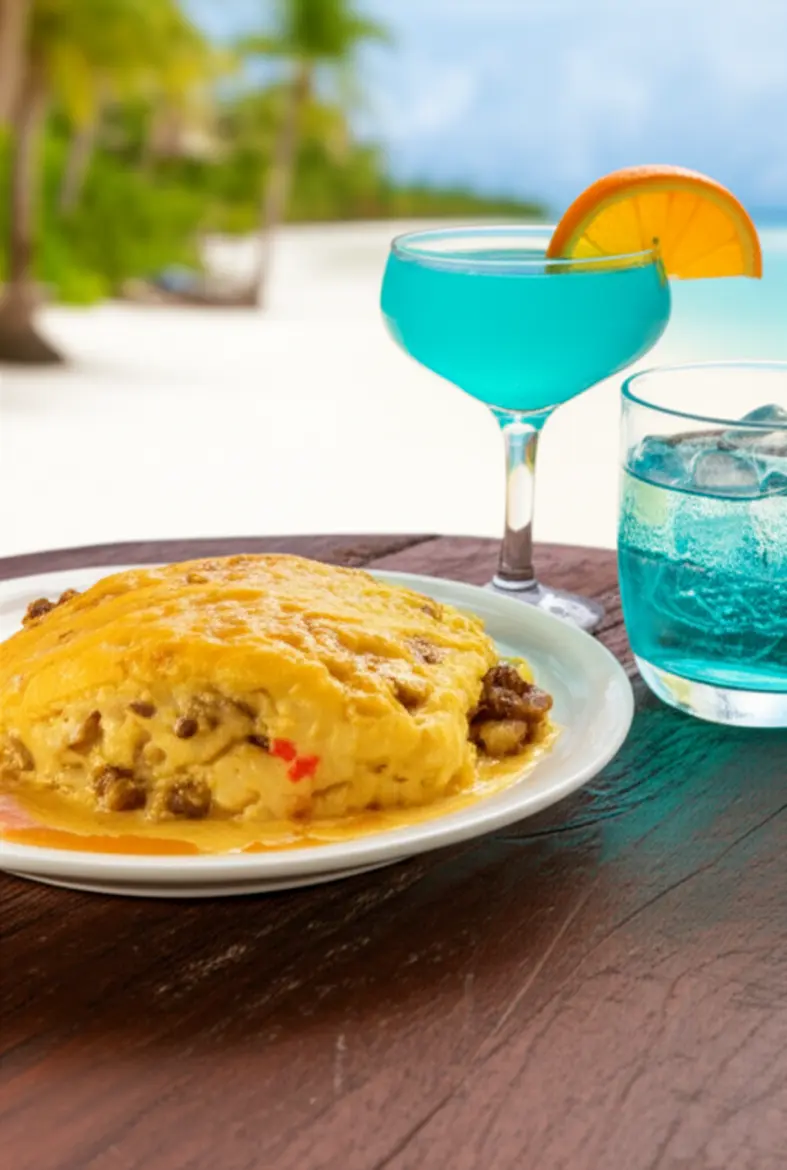 Prato de Keshi Yena e um copo de coquetel Blue Curaçao em uma mesa de madeira tropical.