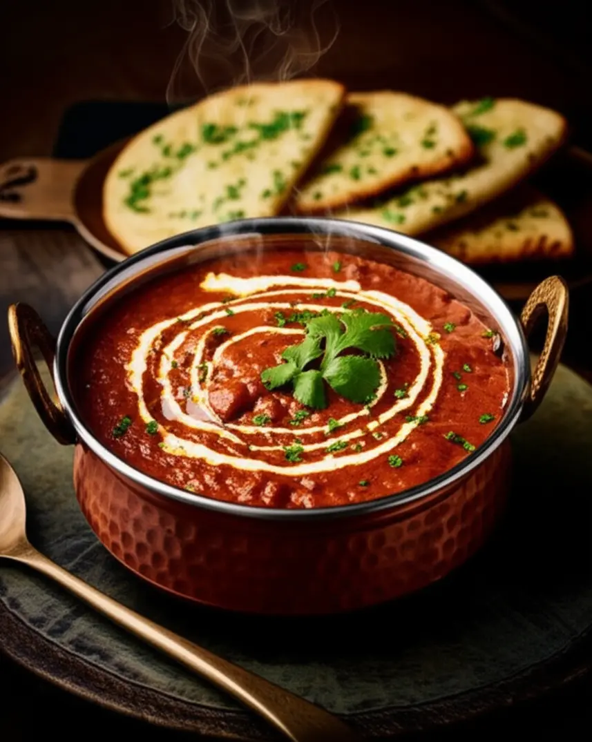 Prato de Butter Chicken cremoso servido com pão naan em mesa tradicional.