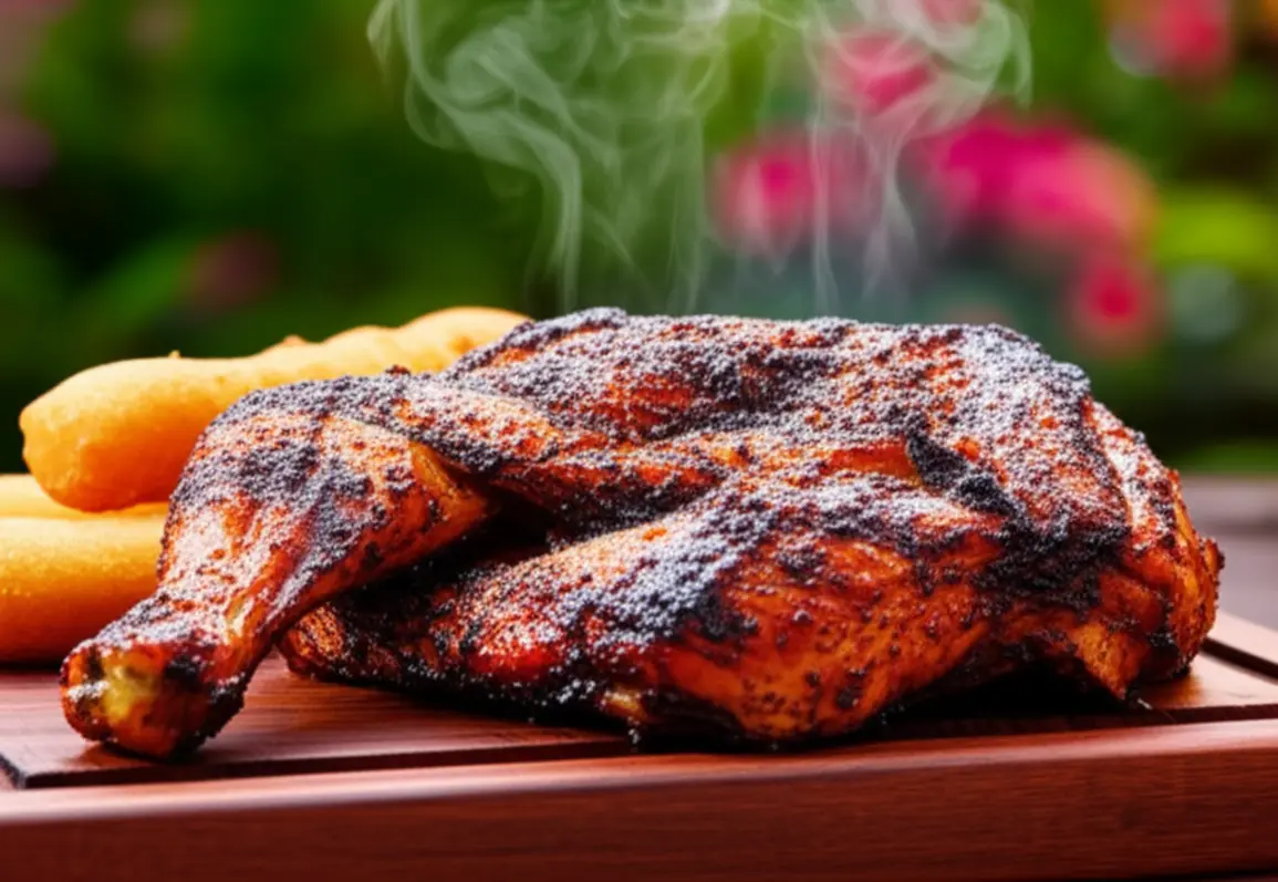 Prato de Jerk Chicken jamaicano autêntico servido em um ambiente tropical.