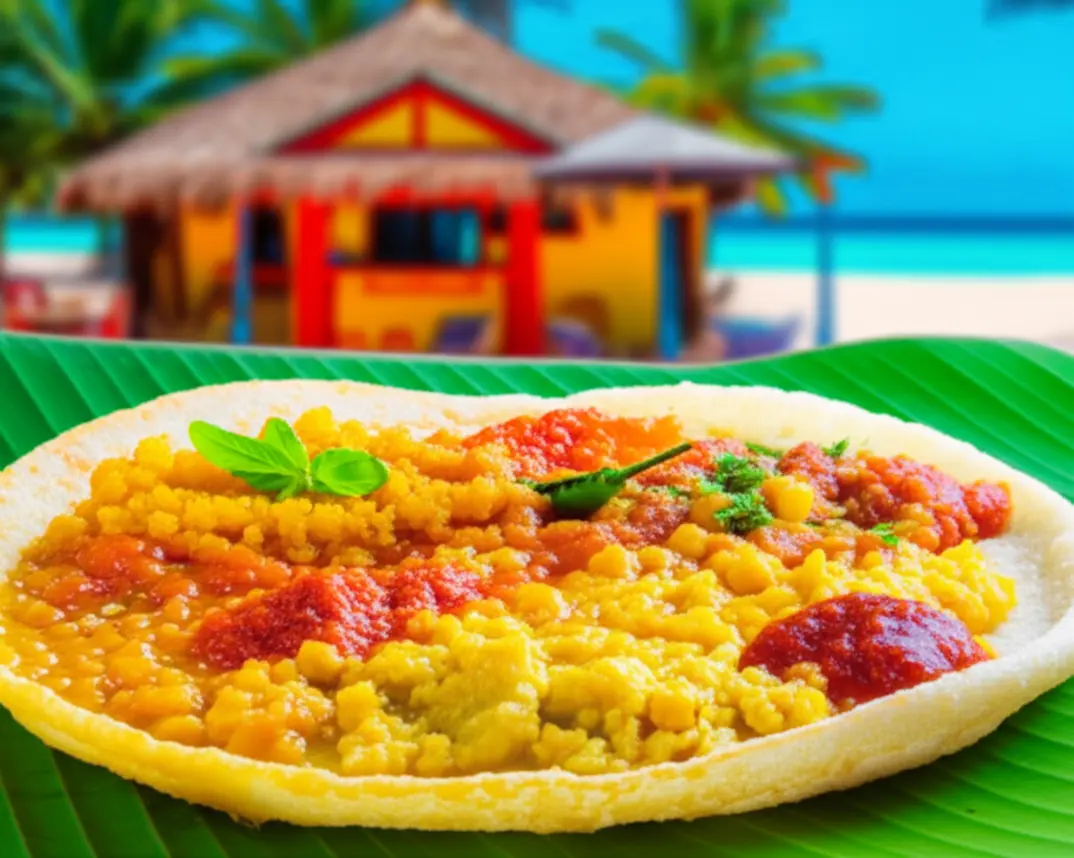 Prato típico Dholl Puri servido com molhos coloridos em uma mesa rústica.