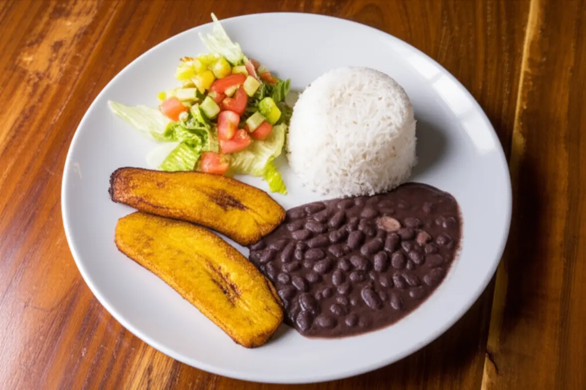 Prato tradicional costarriquenho Casado com arroz, feijão, banana-da-terra frita e salada em uma mesa de madeira.