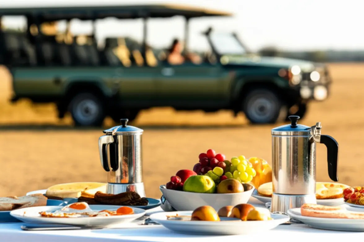 Café da manhã montado ao ar livre na savana africana durante um safári.