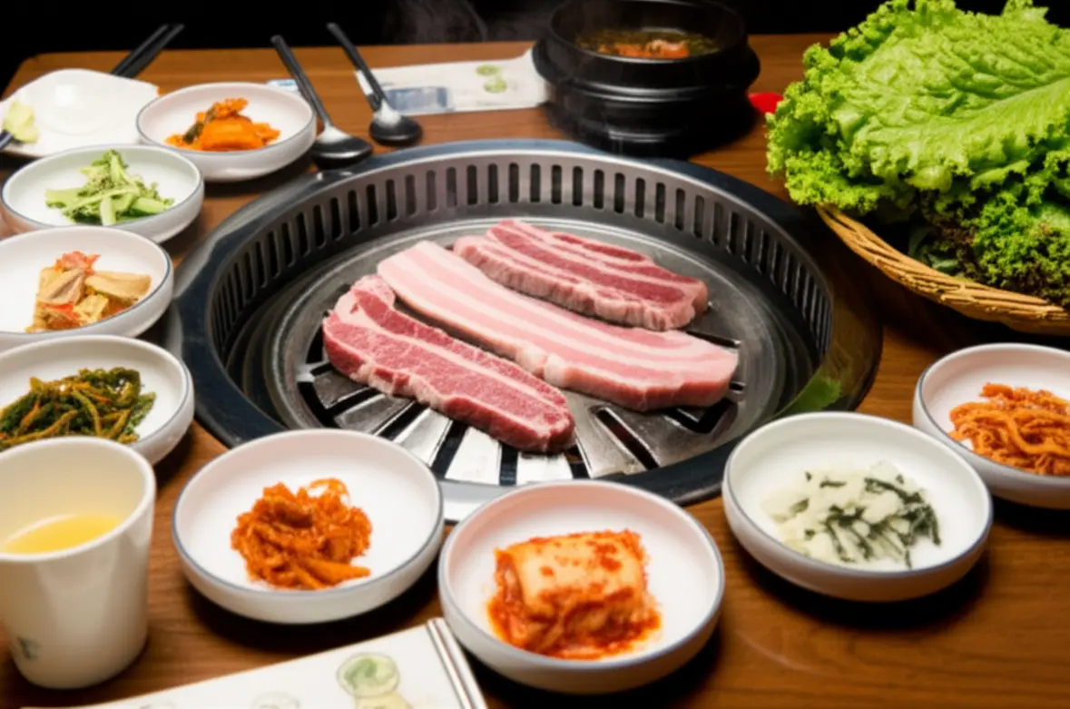 Mesa farta de Churrasco Coreano (K-BBQ) com acompanhamentos e carne na grelha.